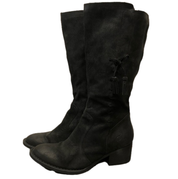 Born Shoes Born Beckett Black Tall Leather Boot Zip Up Heeled Bow